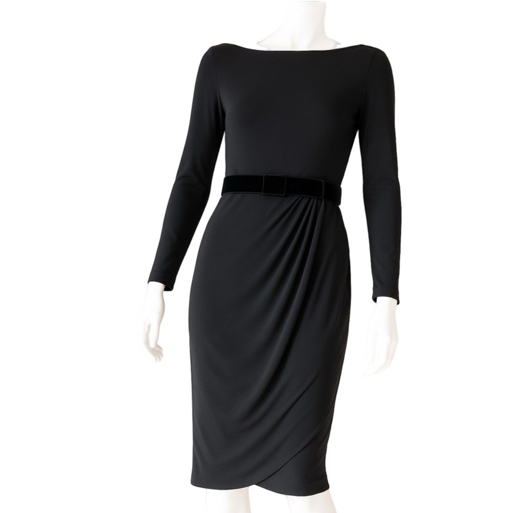 Vintage Valentino Roma Black Draped Dress with Velvet Belt Rare Retro Italian